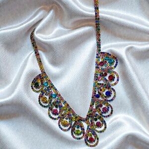 Cocktail Multicolor Prong-Set Rhinestone Gold Tone Statement Collar/Bib Necklace